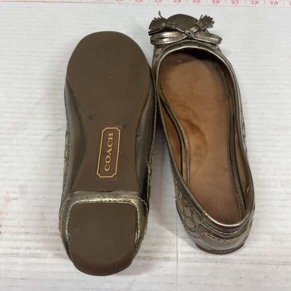 Coach Sophia Gold Metallic Canvas Tassel Bow Tie Ballet Flats Size 8.5 - Picture 4 of 6